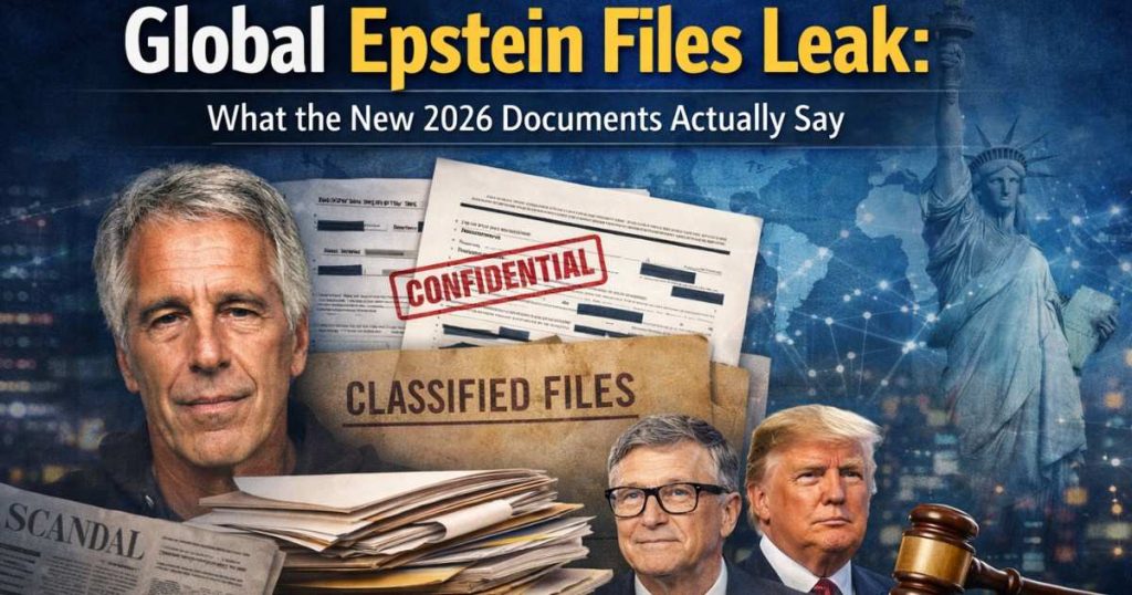 Illustration representing the global Epstein files leak, showing classified documents and worldwide attention surrounding newly released 2026 court records.