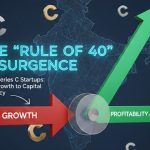 Illustration showing Indian startup founders and investors reviewing balanced financial charts, symbolising a shift from rapid growth to capital efficiency under the Rule of 40.