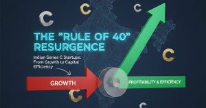 Illustration showing Indian startup founders and investors reviewing balanced financial charts, symbolising a shift from rapid growth to capital efficiency under the Rule of 40.