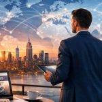 Founder standing against a world map backdrop, symbolizing global leadership and international media visibility.