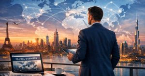 Founder standing against a world map backdrop, symbolizing global leadership and international media visibility.