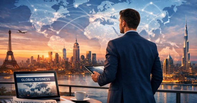 Founder standing against a world map backdrop, symbolizing global leadership and international media visibility.