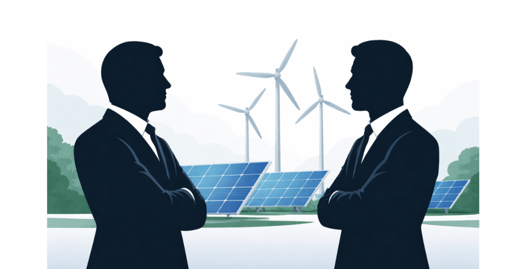 Conceptual image showing two large industrial silhouettes facing each other with solar panels and wind turbines in the background, symbolizing competition in India’s green energy sector.