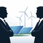 Conceptual image showing two large industrial silhouettes facing each other with solar panels and wind turbines in the background, symbolizing competition in India’s green energy sector.