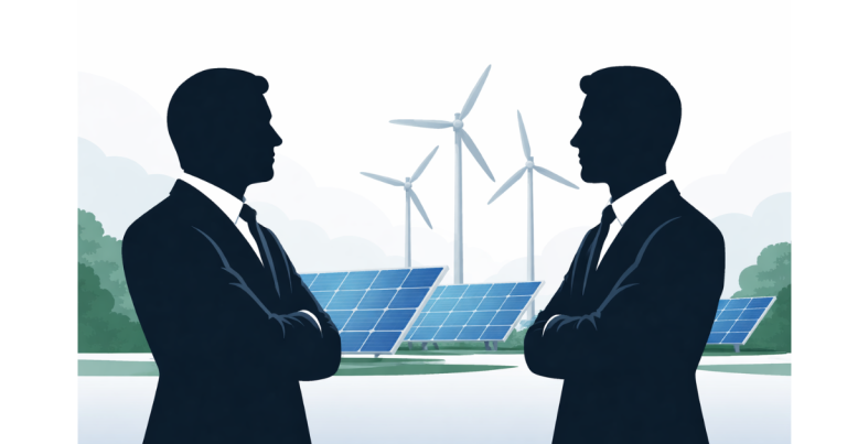 Conceptual image showing two large industrial silhouettes facing each other with solar panels and wind turbines in the background, symbolizing competition in India’s green energy sector.