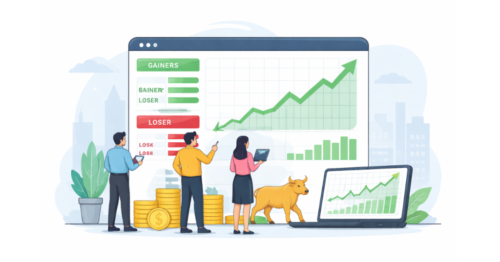 Stock market trading screen showing Nifty 50 index movement with gainers and losers data