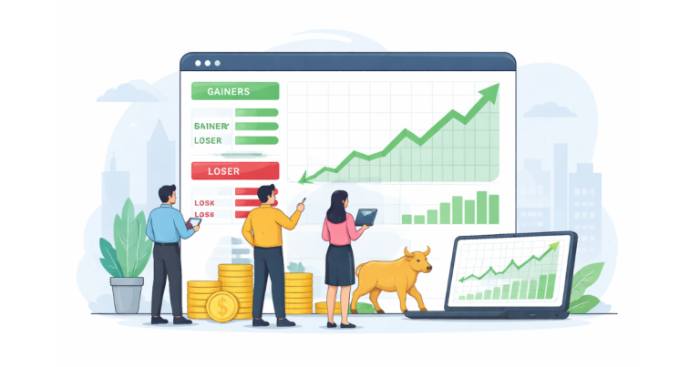 Stock market trading screen showing Nifty 50 index movement with gainers and losers data