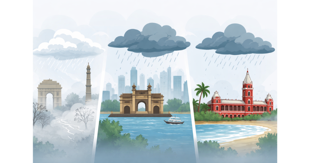 Weather illustration showing rain clouds over Mumbai and Chennai with cold conditions in Delhi, representing IMD alerts for 9 February 2026.