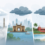 Weather illustration showing rain clouds over Mumbai and Chennai with cold conditions in Delhi, representing IMD alerts for 9 February 2026.