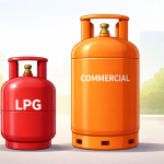 Domestic and commercial LPG gas cylinders displayed with price update context in India