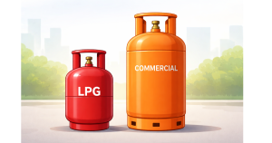 Domestic and commercial LPG gas cylinders displayed with price update context in India