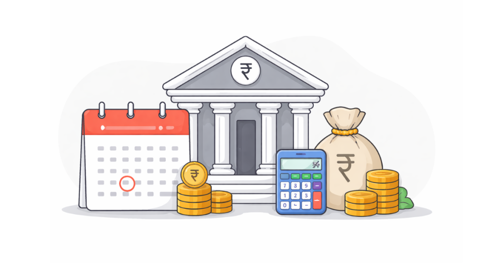 Simple illustration of a closed bank building with a calendar symbol representing bank holidays in India