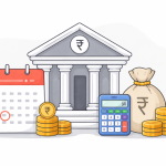 Simple illustration of a closed bank building with a calendar symbol representing bank holidays in India