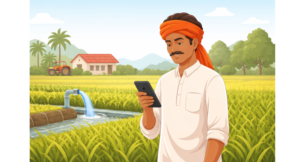 Illustration showing an Indian farmer standing near agricultural fields, checking payment status on a mobile phone, symbolizing PM Kisan installment update