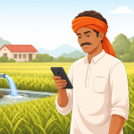 Illustration showing an Indian farmer standing near agricultural fields, checking payment status on a mobile phone, symbolizing PM Kisan installment update