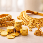 Gold price today in India showing 22K and 24K gold jewellery with coins on February 10