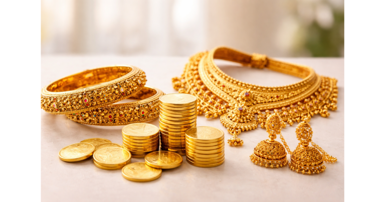 Gold price today in India showing 22K and 24K gold jewellery with coins on February 10