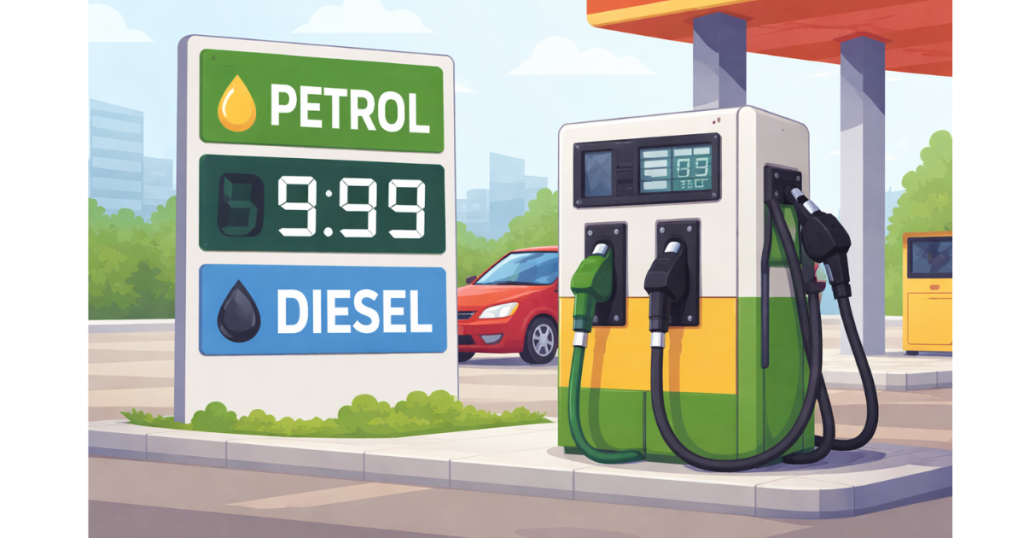 Simple illustration of a petrol pump and fuel station showing petrol and diesel fueling in an urban setting