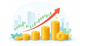 Illustration showing Indian stock market growth with upward arrows and coins, representing penny stocks under ₹50 in February 2026