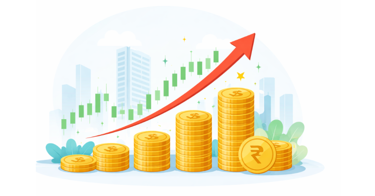 Illustration showing Indian stock market growth with upward arrows and coins, representing penny stocks under ₹50 in February 2026