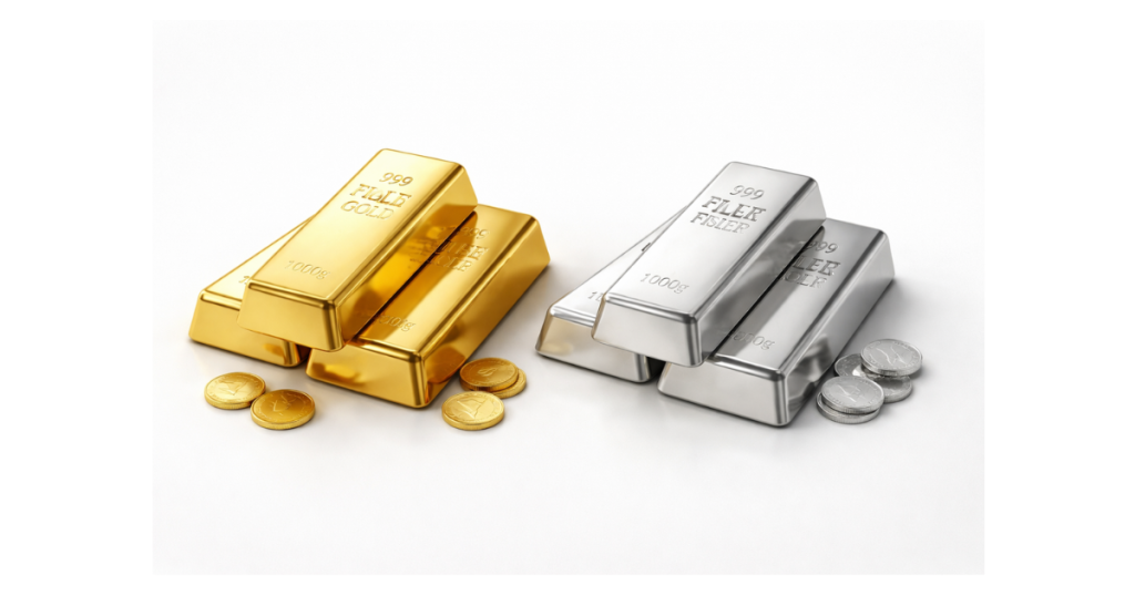 Gold and silver bars placed on a clean white surface representing daily precious metal price updates in India.