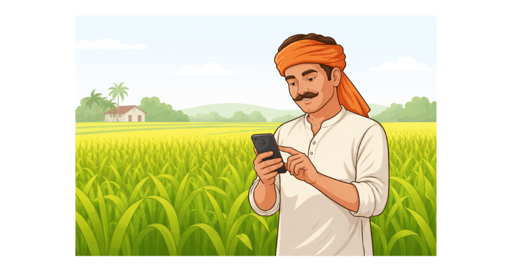 Farmer standing in a green agricultural field checking mobile phone for PM Kisan installment status update.