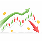 Minimal editorial illustration of a rising and falling stock market chart with green and red arrows on a white background, symbolising Nifty 50 and Sensex movement.