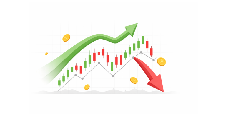 Minimal editorial illustration of a rising and falling stock market chart with green and red arrows on a white background, symbolising Nifty 50 and Sensex movement.