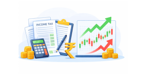 Illustration showing income tax documents with a calculator and Indian rupee symbol alongside a stock market chart with upward and downward arrows.