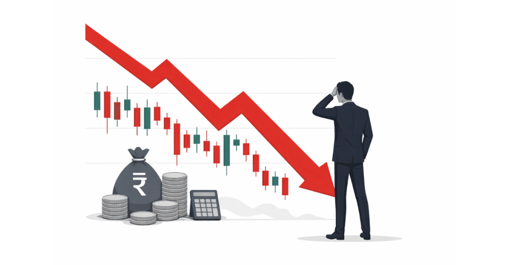Electronic stock market board displaying Nifty and Sensex figures with red downward arrows during early morning trading session in India.