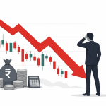 Electronic stock market board displaying Nifty and Sensex figures with red downward arrows during early morning trading session in India.