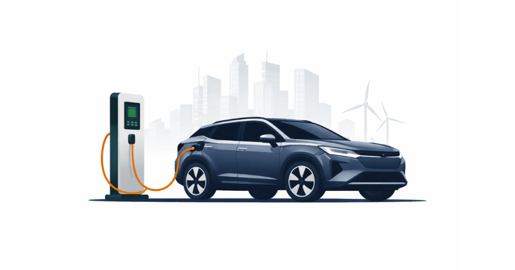 Mahindra electric SUV charging at a public EV charging station in India with modern city buildings in the background.