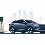 Mahindra electric SUV charging at a public EV charging station in India with modern city buildings in the background.