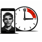 Minimal editorial illustration showing a smartphone with a distorted human face on the screen, symbolising deepfake content, with a clock set to three hours in the background on a white backdrop.