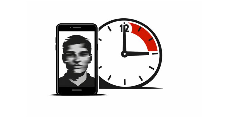 Minimal editorial illustration showing a smartphone with a distorted human face on the screen, symbolising deepfake content, with a clock set to three hours in the background on a white backdrop.