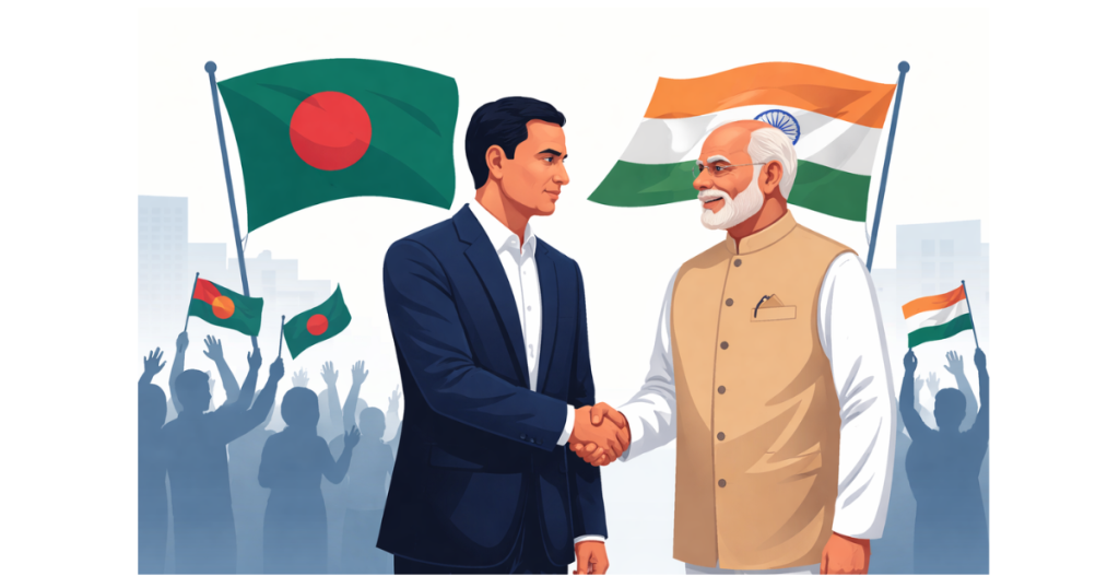 Supporters of the Bangladesh Nationalist Party celebrate in Dhaka after the 2026 general election results, as India’s Prime Minister Narendra Modi congratulates BNP leader Tarique Rahman.
