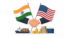 US and Indian flags positioned side by side, symbolizing the India-US trade agreement and stronger economic ties.