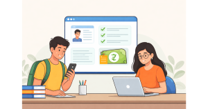 Students checking UP Scholarship payment status online using laptop and mobile device.