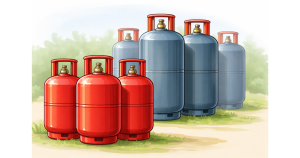 LPG gas cylinders placed together showing domestic and commercial cooking gas supply in India