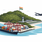 Aerial view of Great Nicobar Island coastline showing dense forest and blue sea, representing India’s proposed $9 billion mega infrastructure project.