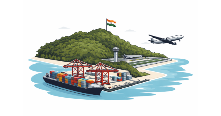 Aerial view of Great Nicobar Island coastline showing dense forest and blue sea, representing India’s proposed $9 billion mega infrastructure project.