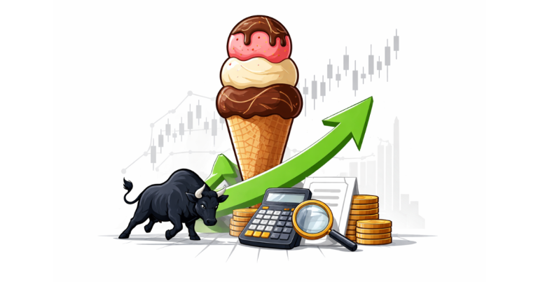 Kwality Wall’s ice-cream logo displayed on a stock market screen showing NSE and BSE listing data.