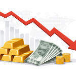 A stack of gold bars placed beside Indian rupee notes with a falling line graph in the background, symbolising India’s rising trade deficit and currency pressure.