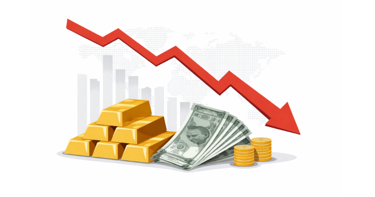 A stack of gold bars placed beside Indian rupee notes with a falling line graph in the background, symbolising India’s rising trade deficit and currency pressure.