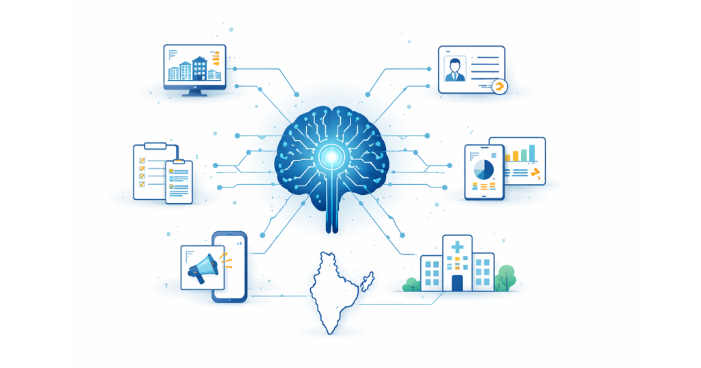 Conceptual illustration of artificial intelligence integrated with India’s digital governance system, showing a central AI brain connected to government service icons on a clean white background.