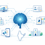 Conceptual illustration of artificial intelligence integrated with India’s digital governance system, showing a central AI brain connected to government service icons on a clean white background.