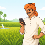 Farmer checking PM Kisan installment payment details on mobile phone while standing in agricultural field