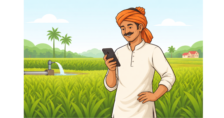 Farmer checking PM Kisan installment payment details on mobile phone while standing in agricultural field