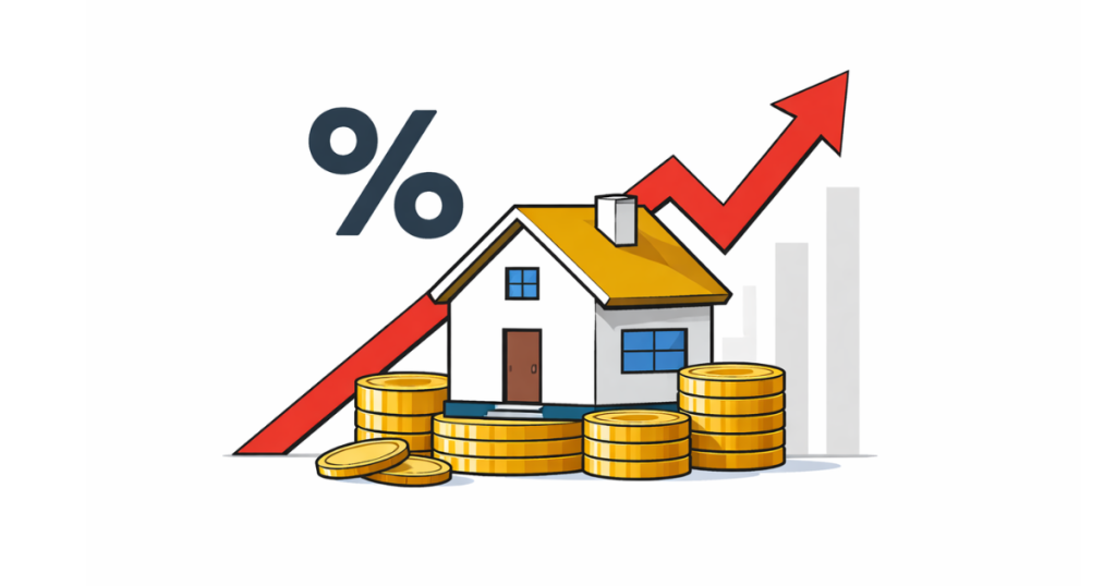 Illustration of a house beside percentage symbols and an upward arrow, representing RBI repo rate changes affecting home loan EMIs.