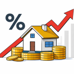 Illustration of a house beside percentage symbols and an upward arrow, representing RBI repo rate changes affecting home loan EMIs.